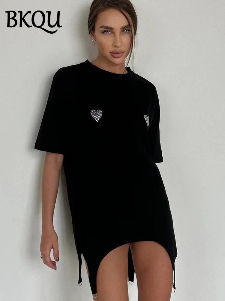 BKQU Love Embroidery T-shirt Women Casual Loose Short Sleeve Heart Graphic Couples Tees Shirt Oversized Summer Retro Streetwear