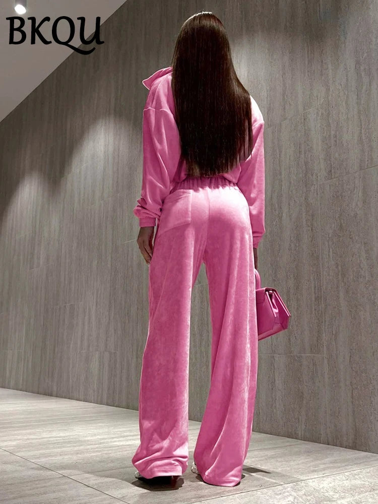 BKQU Casual Solid Velvet Pants Set Women Tracksuit Turn-down Collar Zipper Crop Coat and Wide Leg Pants Two Piece Set 2024