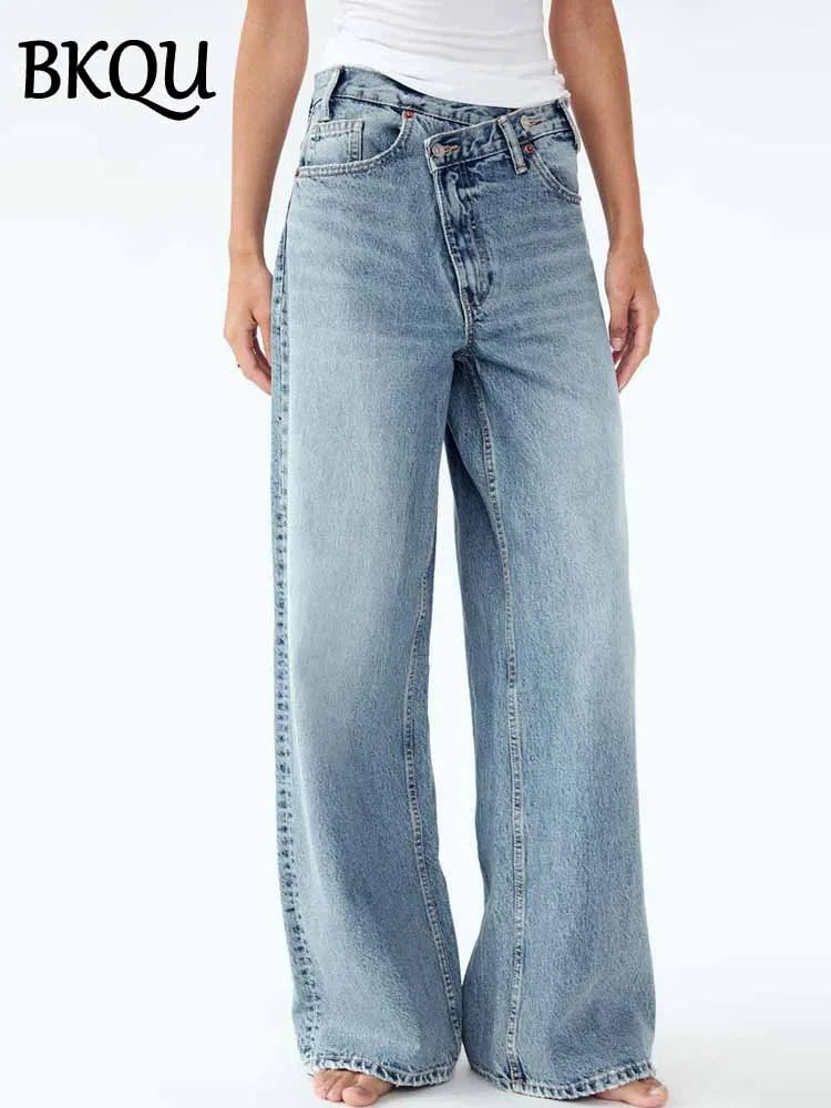 BKQU Asymmetrical Wide Leg Jeans Women Vintage High Waist Washed Straight Denim Trousers Loose Streetwear Chic Irregular Jeans