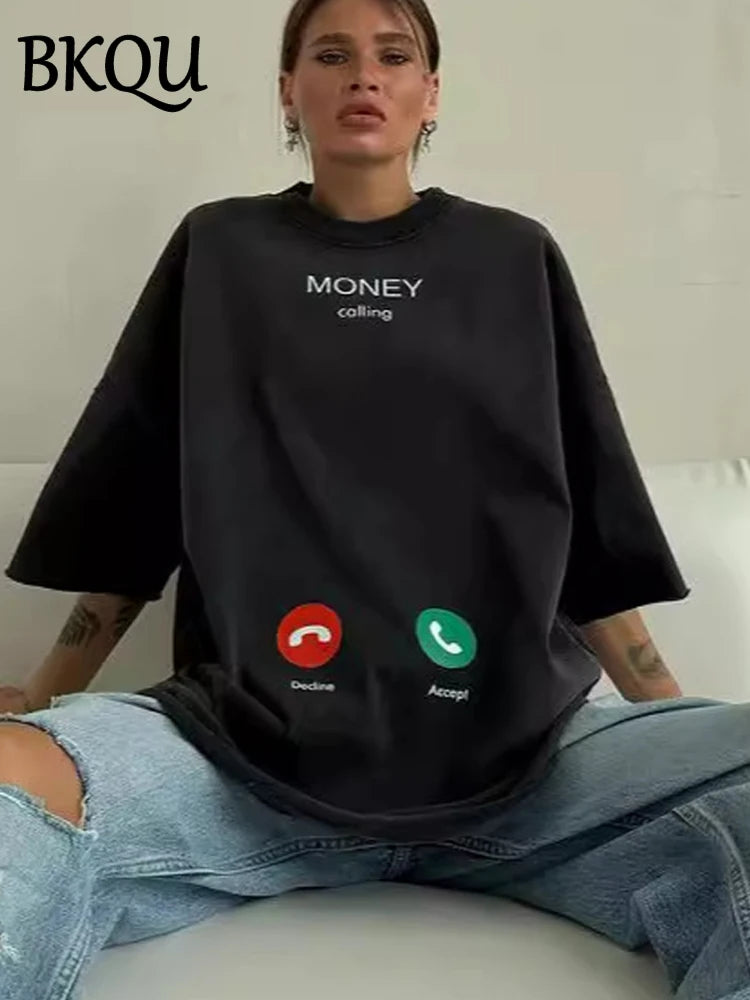 BKQU Cartoon Graphic Printed T Shirt Women Ripped Half Sleeve O-neck Tee Shirts Letter Loose Oversized y2k Pullovers Streetwear