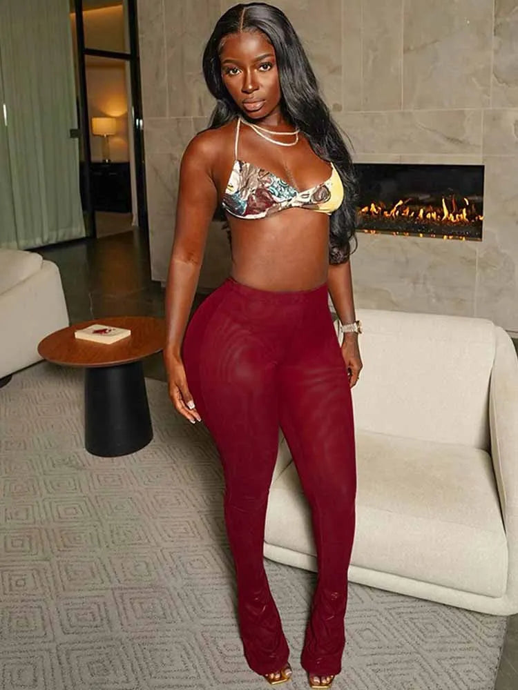 BKQU Mesh Sexy Midnight Flared Pants Women See Through High Waist Elastic Skinny Trousers Wine Red Female Club Party Bottom 2025