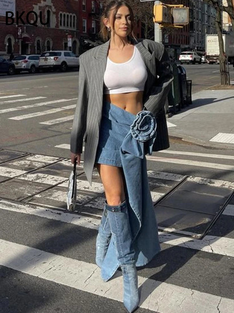 BKQU 2024 Summer Denim Mini Skirts Y2K Aesthetic 3D Flowers Design High Waist Micro Skirts Skinny Wrap Jeans Penceil Skirt Women