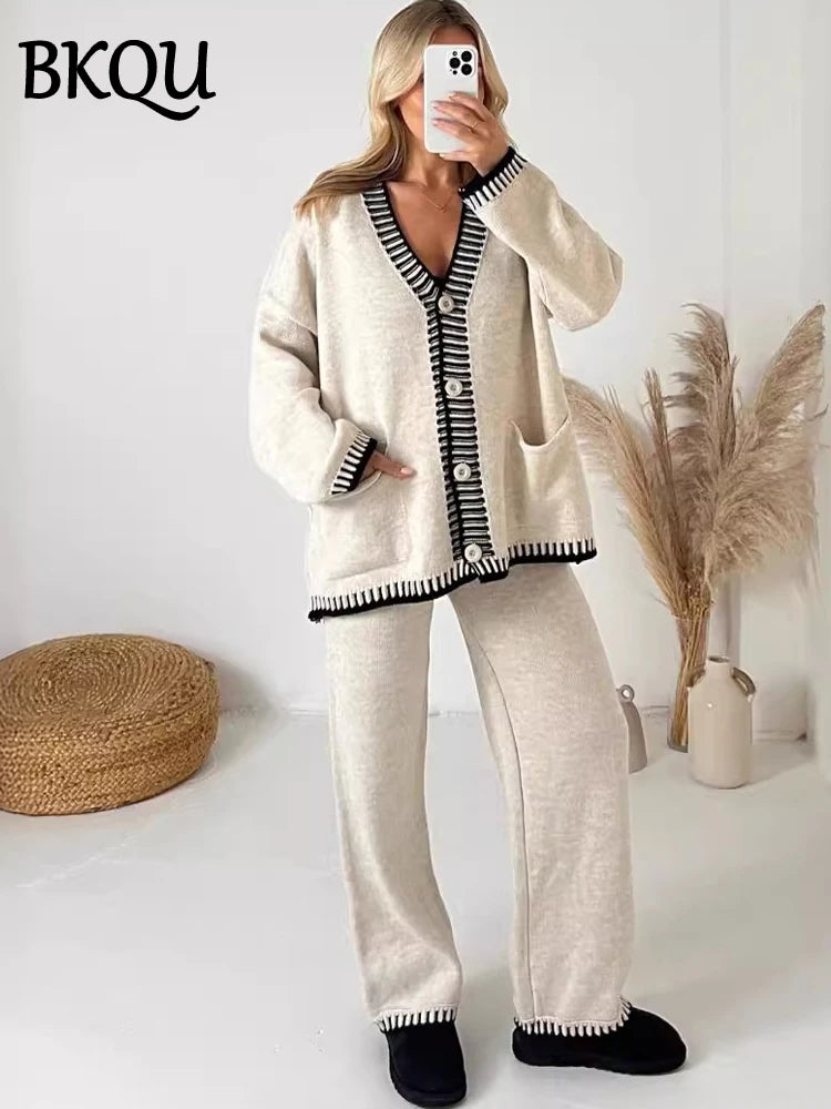 BKQU Knitted Two Piece Sets Women V-neck Button Cardigan Sweater Casual Wide Leg Pants Suits Autumn Winter Lady Tracksuit Outfit