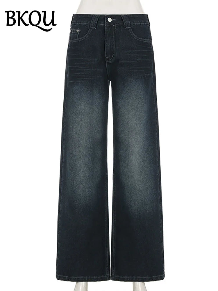 BKQU Wide Leg Baggy Jeans Women Retro High Waist Boyfriend Style Korean Fashion Straight Loose Denim Pants Harajuku Streetwear