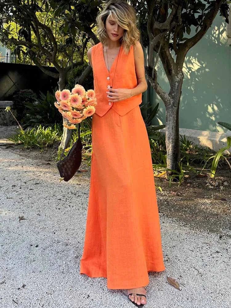 BKQU Cotton Linen Elegant Waistcoat Long Skirt Sets Womem Summer V-neck Sleeveless Top Casual Loose Dress 2 Piece Holiday Outfit