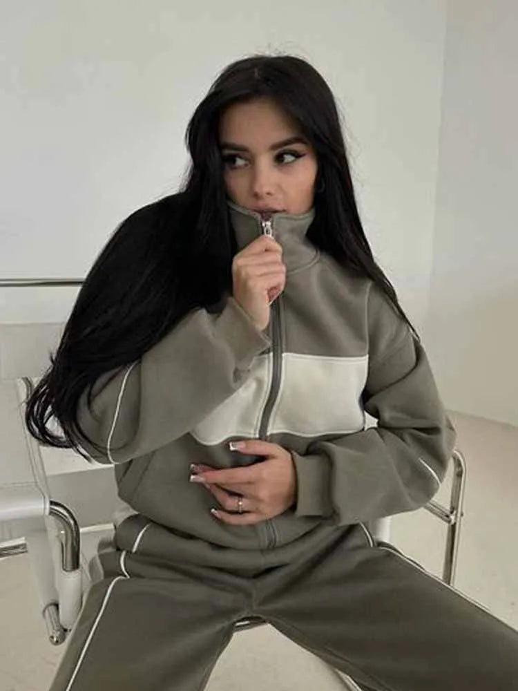 BKQU Contrast-color Women Tracksuits Fashion Two Pieces Zipper Sweatshirt Jacket Pants Sets 2025 New Loose Casual Sporty Outfits