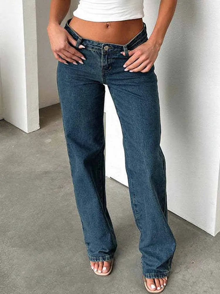 BKQU 2025 Harajuku Baggy Straight Jeans Women Low Waist Y2k Vintage Blue Wide Leg Denim Pants Fashion Basic All-Match Streetwear