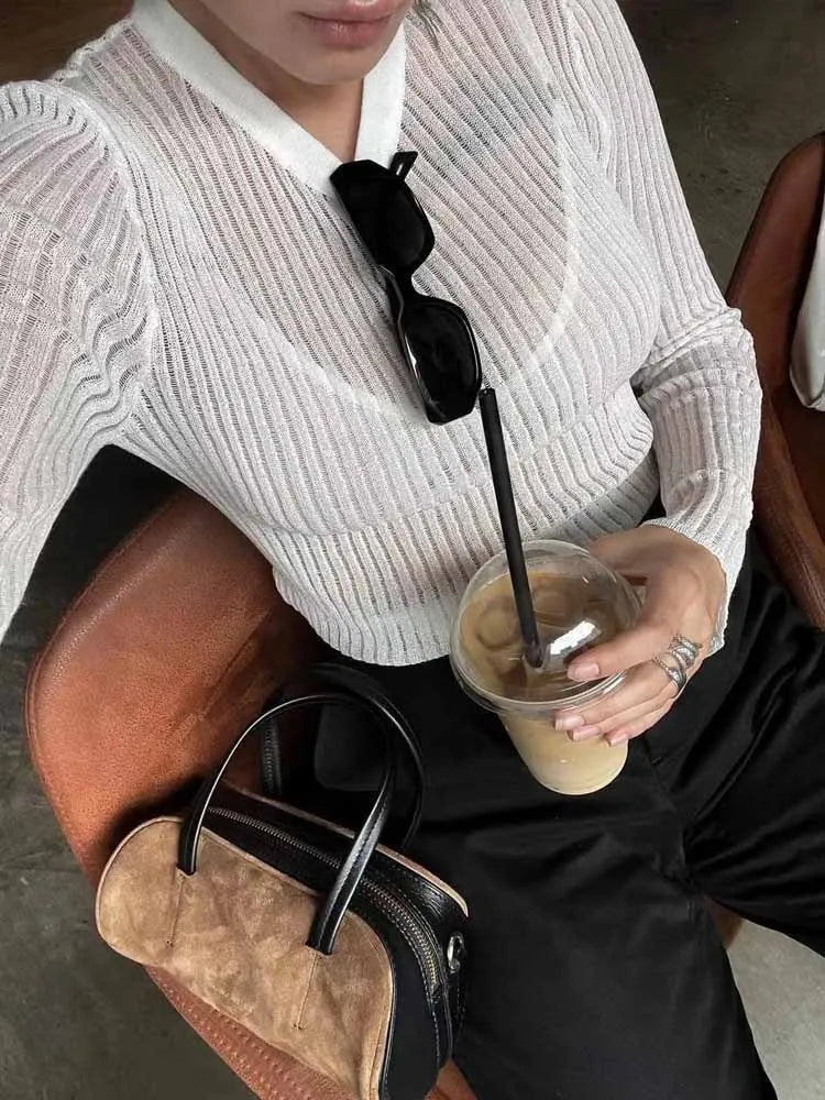 BKQU Casual See Through Knit T-Shirt Women Elegant Striped O-Neck Long Sleeve Tees Elastic Slim Female Basic Pullover Tops 2025