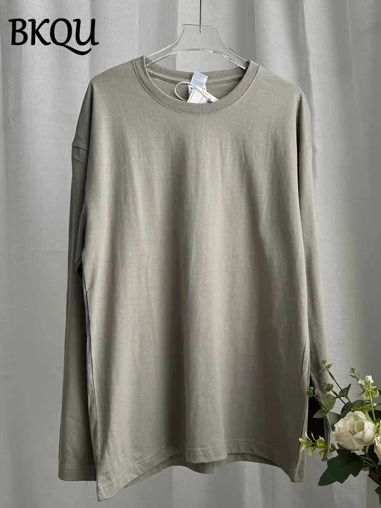 BKQU Solid Color Long Sleeve T Shirt Women Oversized Basic O-neck Cotton Tops Female Casual Soft Loose Pullover Tshirt 13 Colors