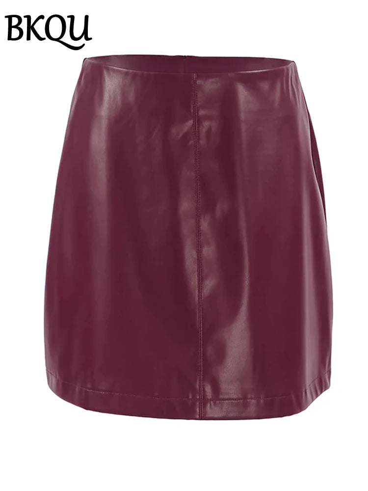 BKQU Fashion Wine Red Leather Mini Skirt Women Vintage High Waist Zipper Slim PU A-Line Short Skirts Autumn Winter 2024 Clothes
