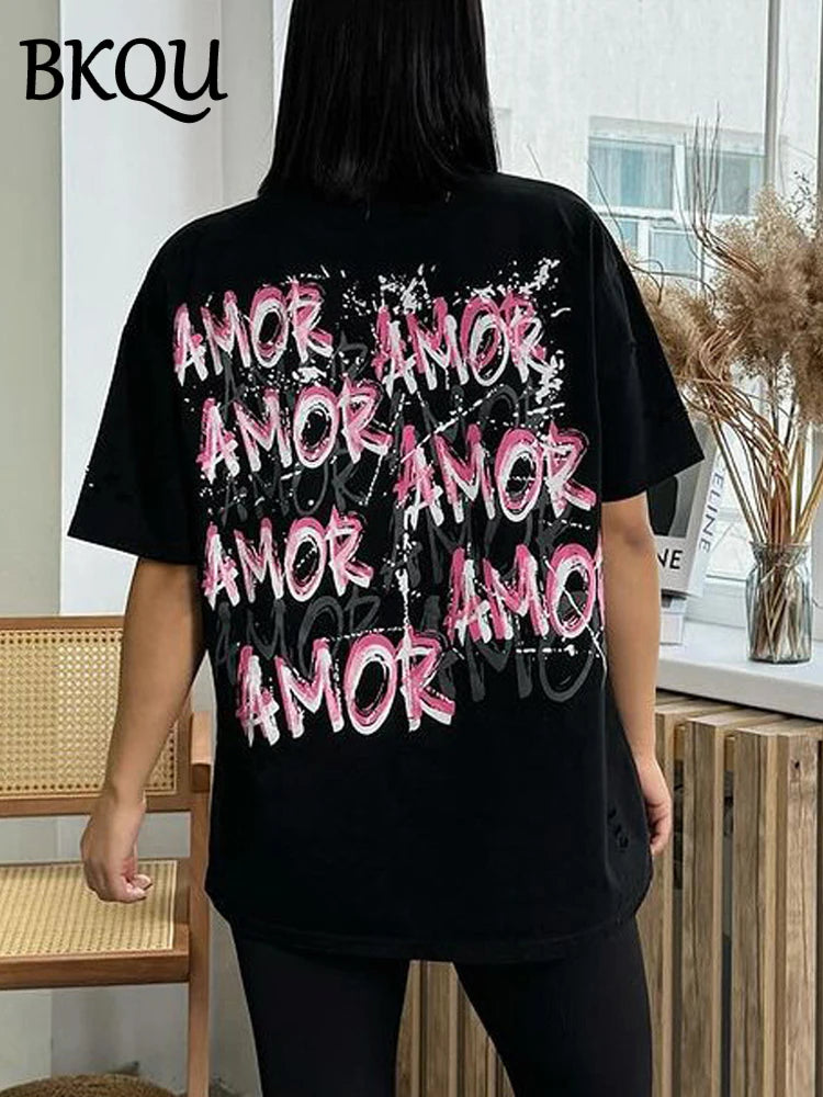 BKQU Letter Printed Loose T shirts Women 2024 High Street Graphic Short Sleeve Pullovers Tops Casual O-neck Kawaii Female Tees