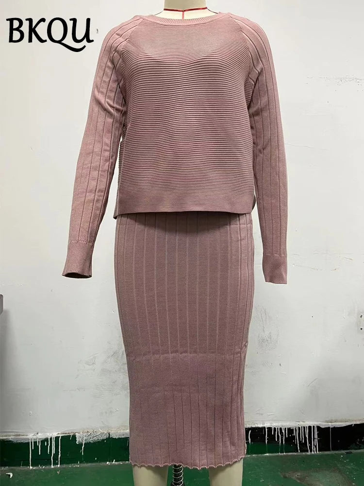 BKQU Knitted Dress Sets Women Sleeveless Square Collar Midi Dress and Long Sleeve O-neck Ribber Sweater Elegant Two Piece Set
