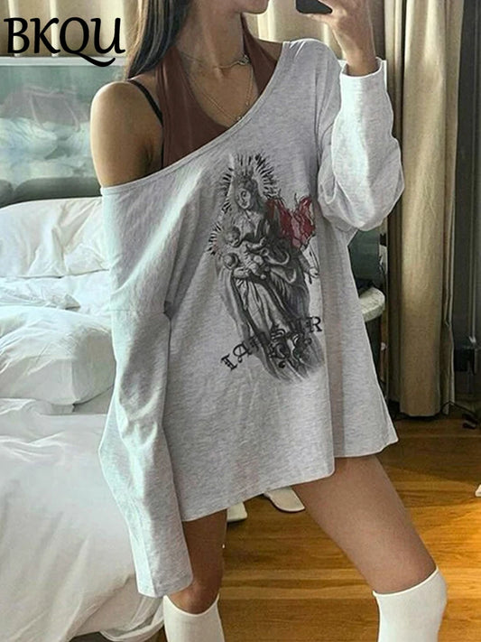 BKQU Graphic Print T-shirt Women Fake Two Pieces Long Sleeve Y2k Aesthetic Retro Tees Fashion Sexy Off Shoulder Loose Tops 2024