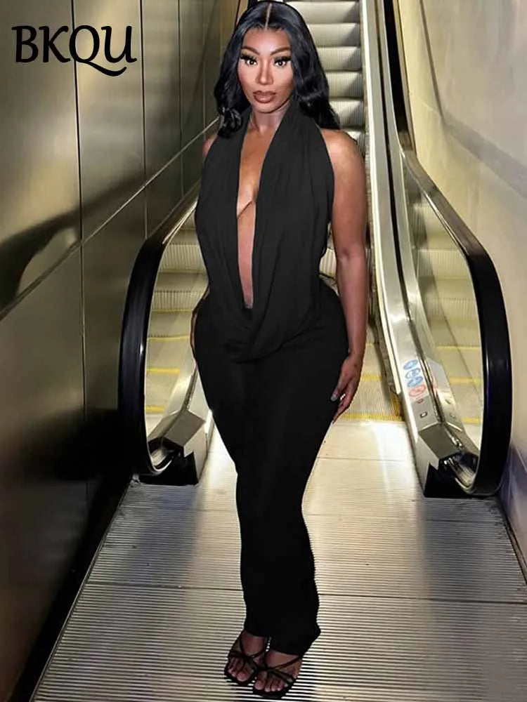 BKQU Sexy 2 Piece Sets Women Swinging Collar Halter Backless Tanks Top High Waist Leggings Midnight Club Elegant Street Outfits