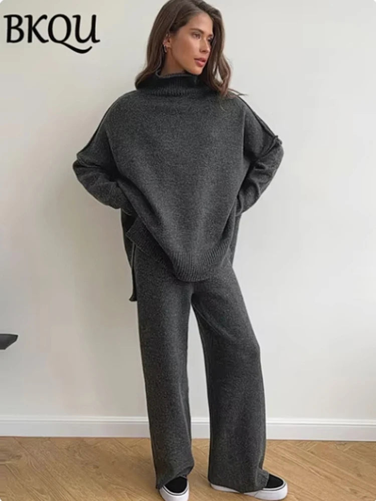 BKQU Turtleneck Sweater Knitted Pants Suits Women Autumn Winter Loose Casual Split Top And Wide Leg Trousers Warm Two Piece Set