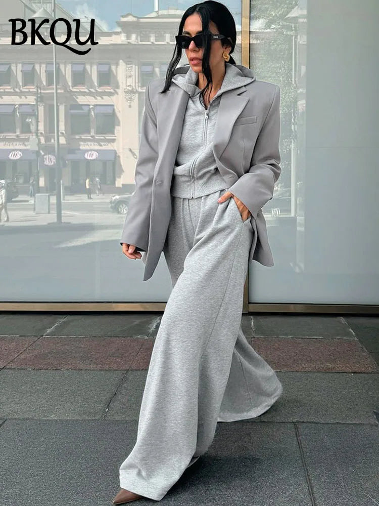 BKQU Casual Tracksuit Women's Hoodies Pants Two Piece Sets Long Sleeve Zipper Coat Wide Leg Pocket Trousers Fashion Lady Outfits