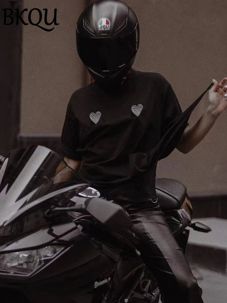 BKQU Summer Hot Diamond T Shirt Women Loose Streetwear Printed Short Sleeve Fashion Rhinestone O-neck Cotton Oversize Tees Tops