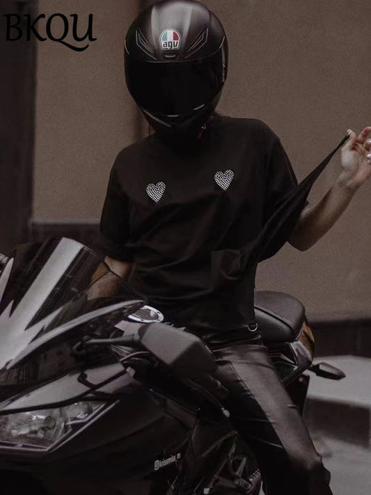 BKQU Summer Hot Diamond T Shirt Women Loose Streetwear Printed Short Sleeve Fashion Rhinestone O-neck Cotton Oversize Tees Tops