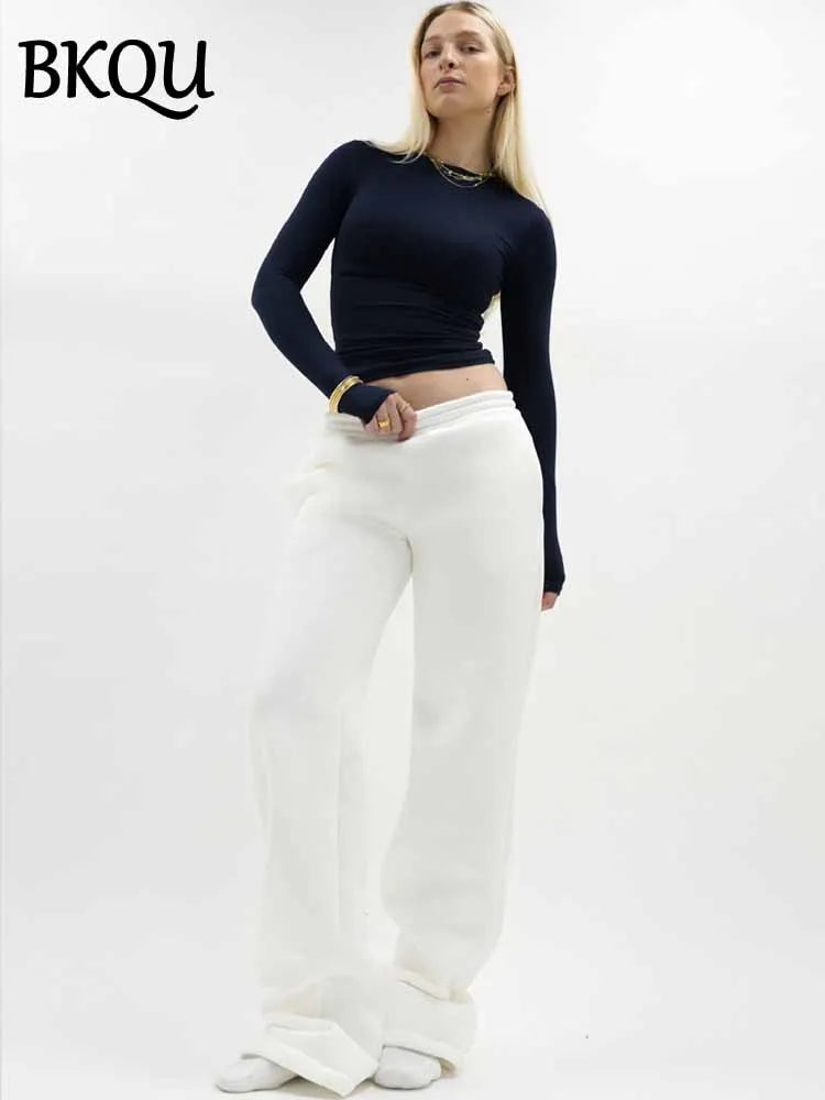 BKQU Casual Sweatpants Women High Waist Korean Fashion Wide Leg Trousers 2025 Female Solid Basic Fitness Joggers Straight Pants