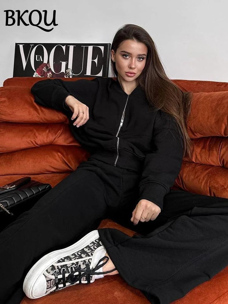 BKQU Solid Pants Set Women's Tracksuit 2025  Long Sleeve Zipper Jacket and High Waist Wide Leg Pants Two Piece Set Autumn Winter