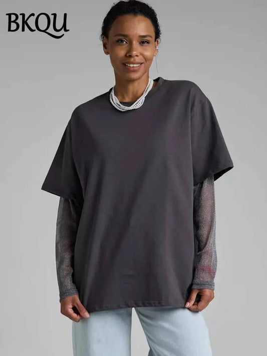 BKQU Summer Oversize T Shirt Women Cotton Patchwork Bright Mesh Long Sleeve Fake Two Pieces Top 2025 New Chic Female Street Tees