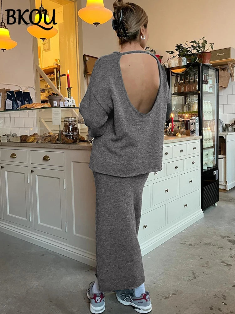 BKQU Casual Knitted Women's Two Piece Sets Long Sleeve Backless Pullover Sweater Elastic Slim Maxi Skirts 2024 Winter Lazy Suits