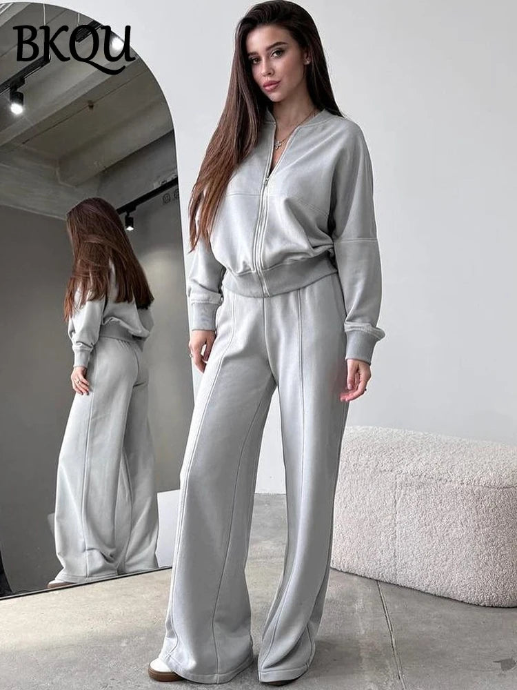 BKQU Bomber Jacket Pants Women Two Pieces Set Casual Long Sleeve Zipper Sweatshirt+Lace-up Trousers Suit Chic Autumn Sportwear