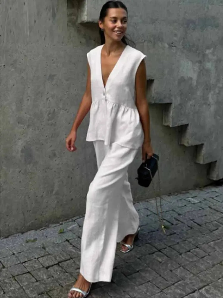 BKQU Fashion Pink Cotton Linen 2 Piece Set Women Summer V-Neck Sleeveless Tank Top High Waist Casual Wide Leg Pants Suits 2025