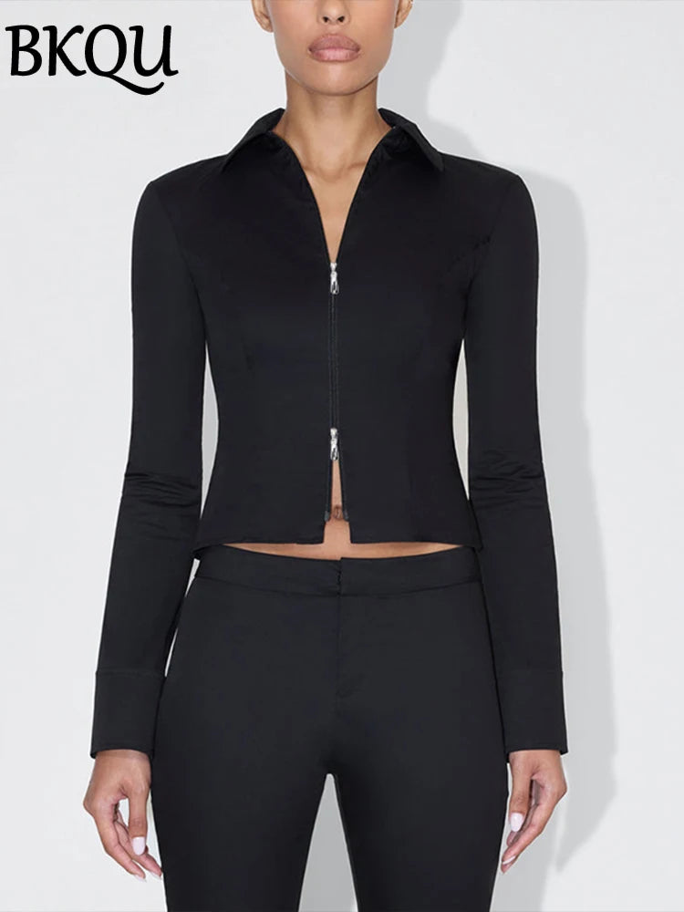 BKQU Zipper Long Sleeve Slim Fit T-Shirt Women Autumn Clothes Fashion Sexy Y2K Stand Collar Basic Tops Pullover Streetwear 2024