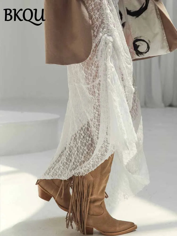 BKQU See-Through Cover Up Dress 2 Piece Set Women Summer Lace Mesh Sexy Long Sleeve Crop Tops Drawstring Midi Skirt Outfits 2025