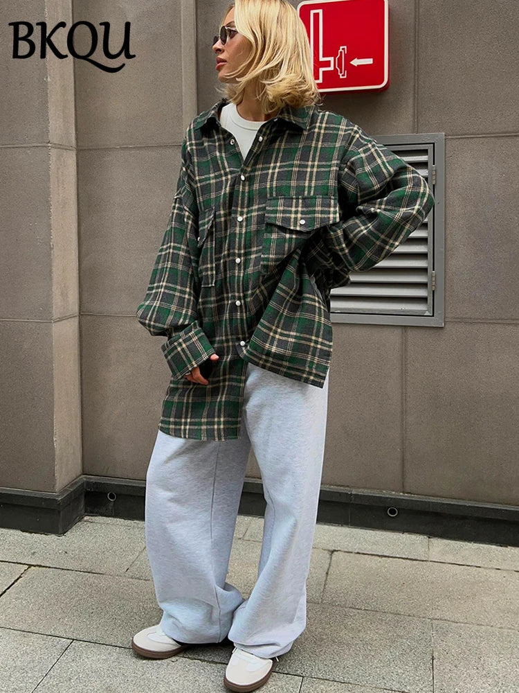 BKQU Plaid Single-breasted Loose Blouse Women Pocket Long Sleeve lapel Shirts 2024 New Korean Style Casual Mid-length Tops