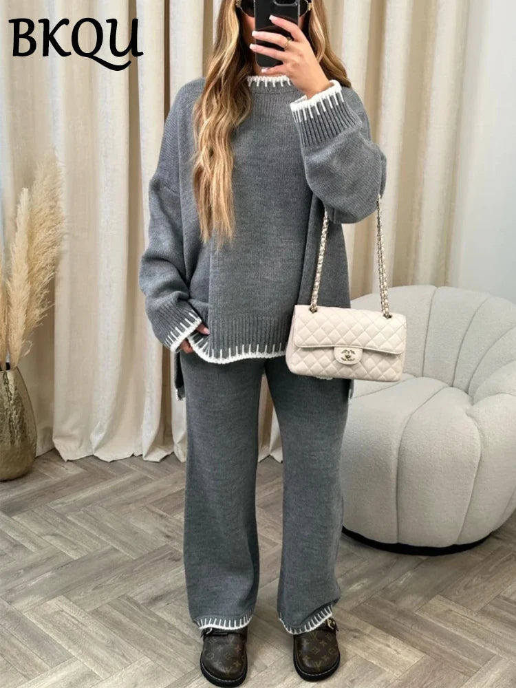 BKQU Knitted Pants Set Women Striped Two Piece Sets Clothes Side Split Sweater and Wide Leg Straight Pants Suit Casual Homewear