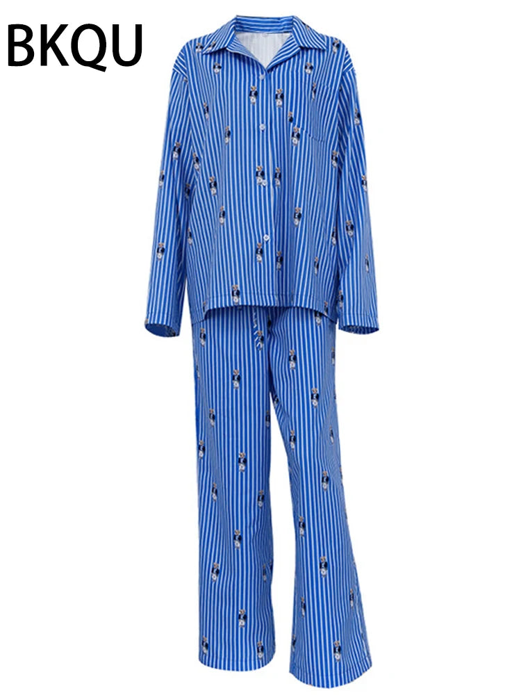 BKQU Striped Pants Set Women Fashion Cartoon Printed Long Sleeve Loose T shirts and High Waist Wide Leg Pant Two Piece Sets 2024