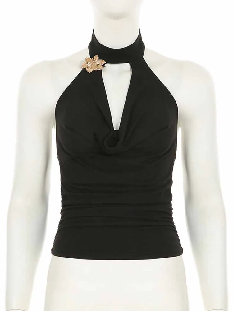 BKQU Summer Vacation Skirt Sets Women Metal Flower Halter Low-Neck Backless Crop Tops High Split Long Skirts Elegant 2 Piece Set