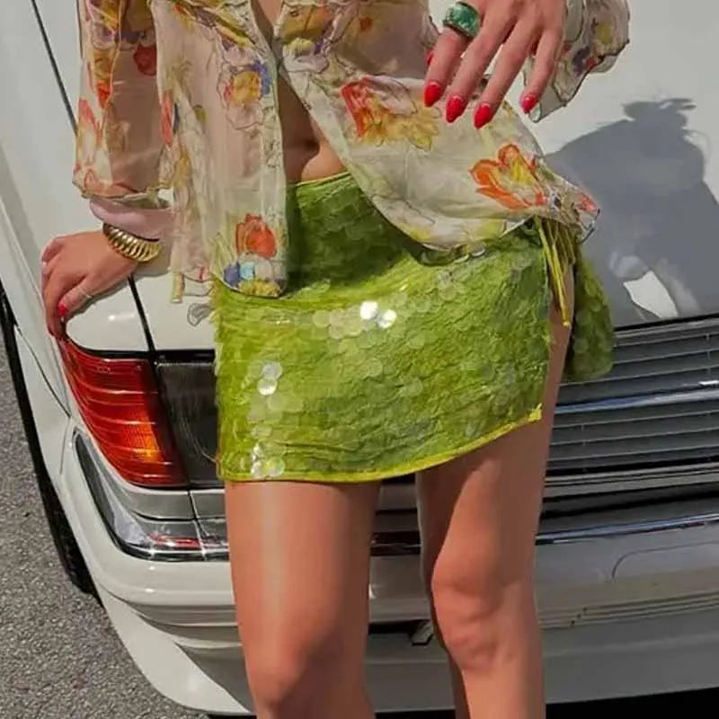 BKQU Summer Chic Sequined Mini Skirt Women Sparkle High Waist Side Split Lace Up A-line Skirt 2025 Fashion Sexy Party Rave Skirt