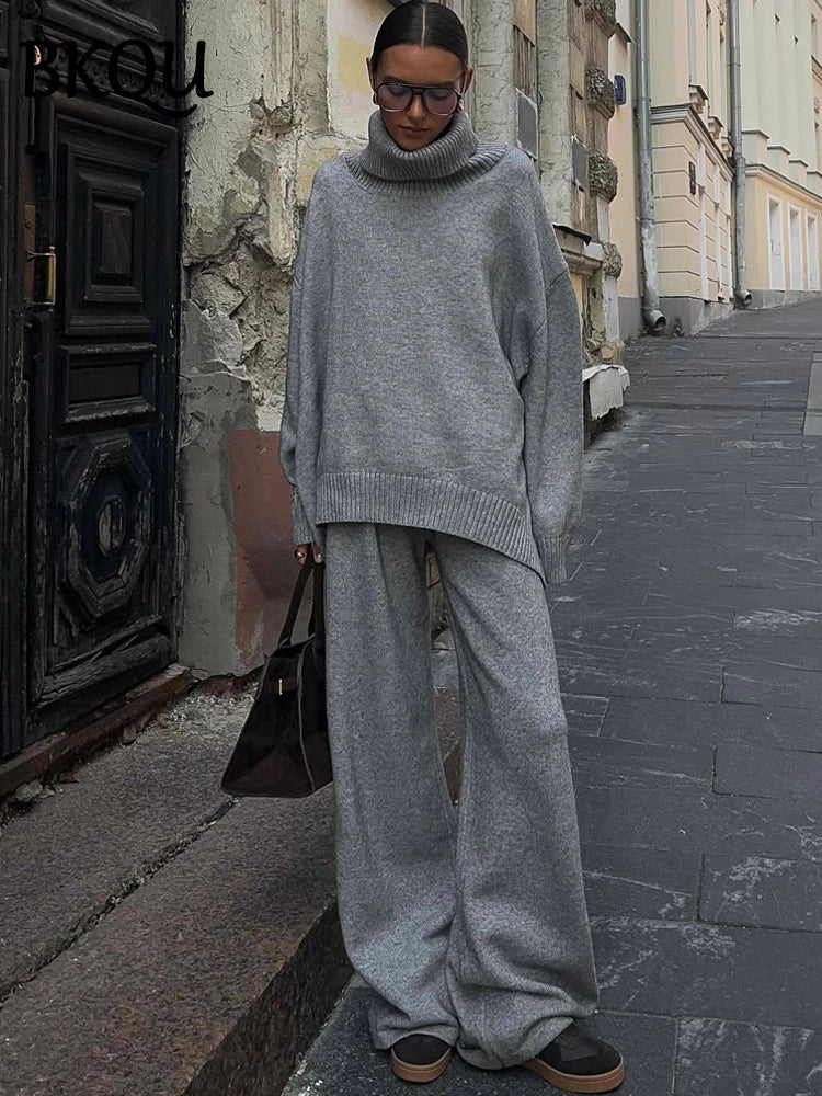 BKQU Casual Turtleneck Sweater Pants Suits Women Knitted Soft Loose Pullover Wide Leg Pants 2 Pieces Sets Autumn Winter Homewear
