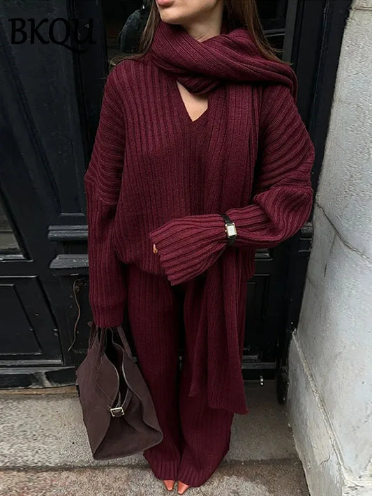 BKQU Elegant With Scarf Knit Pants Set Women Autumn Winter Loose V-neck Pullover Sweater Elastic Straight Trouser WarmStreetwear