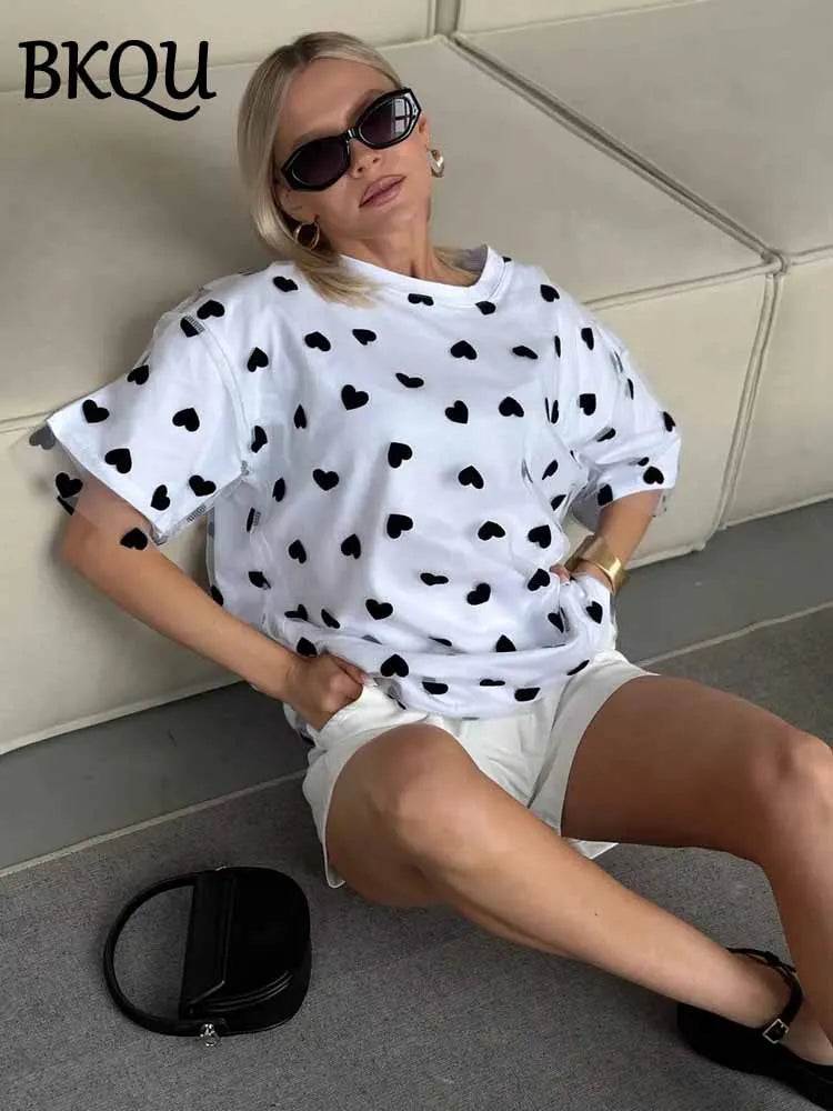 BKQU Sweet Heart Mesh Patchwork T-shirt Women Aesthetic Y2k Clothes Summer Loose Casual O-Neck Short Sleeve Tops Cotton T Shirt