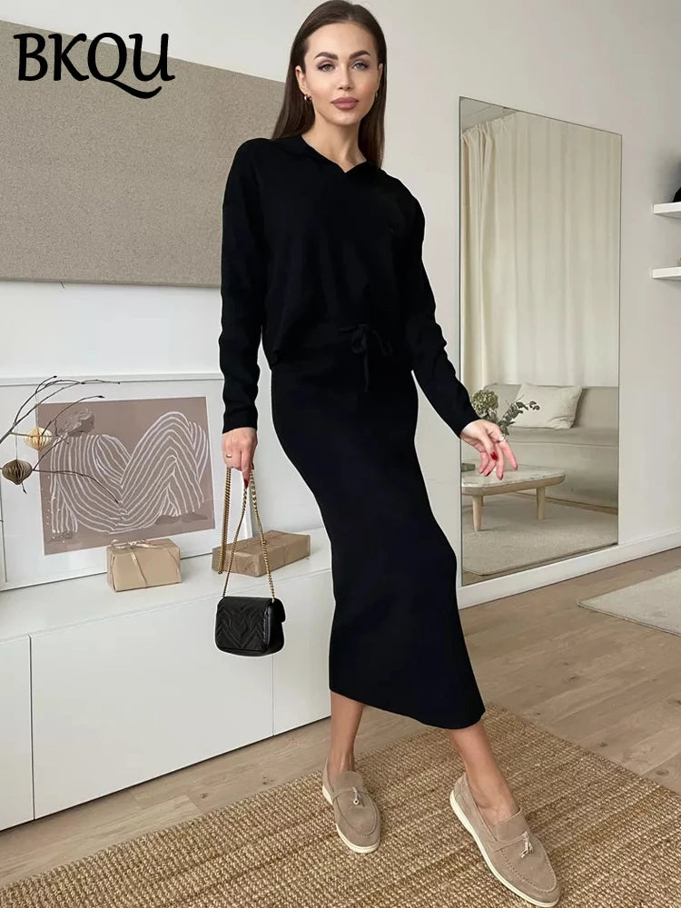 BKQU 2 Pieces Lapel Pullover Sweaters Long Skirt Suit Elegant Solid Knitted Sets For Women Bodycon Autumn Winter Party Outfits