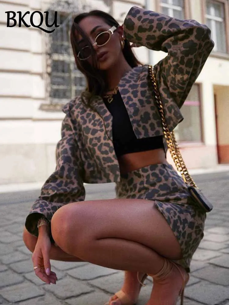 BKQU 2 Pieces Fashion Leopard Print Skirts Sets Women Long Sleeve Crop Jacket And High Waist Side Slit Mini Skirts Outfits 2025