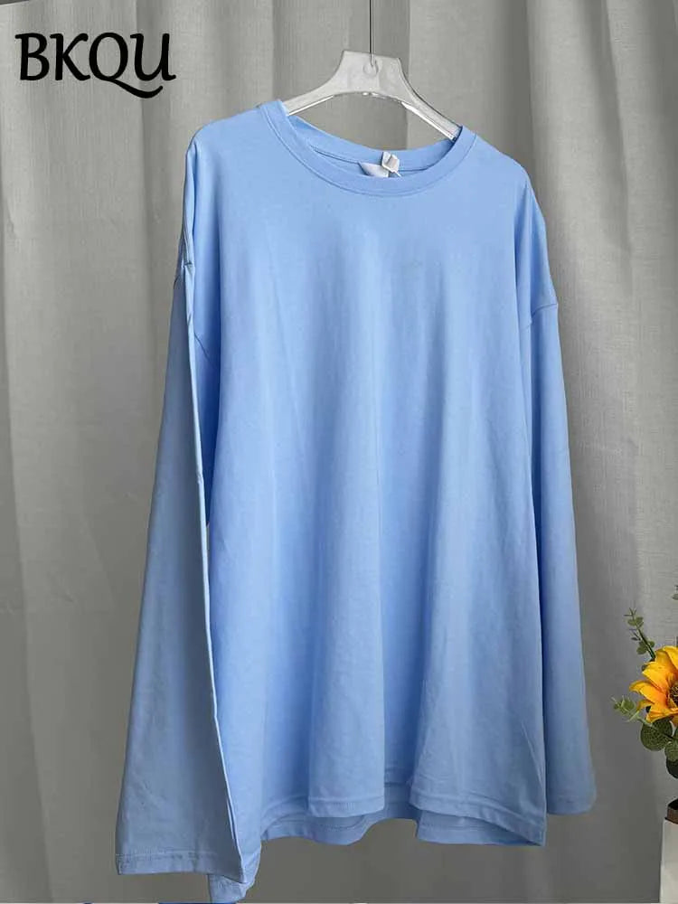 BKQU Solid Color Long Sleeve T Shirt Women Oversized Basic O-neck Cotton Tops Female Casual Soft Loose Pullover Tshirt 13 Colors