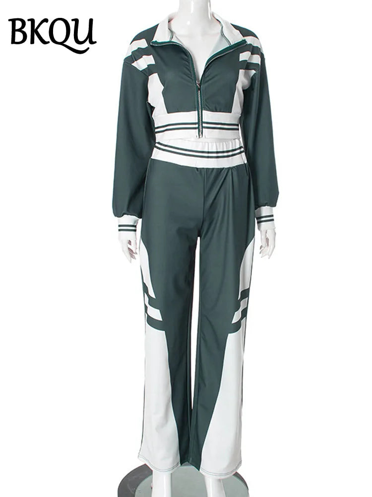 BKQU Zipper Sweatshirt Pants 2 Piece Set Women Contrast Patchwork Long Sleeve Crop Jacket Wide Leg Jogging Pant Casual Tracksuit