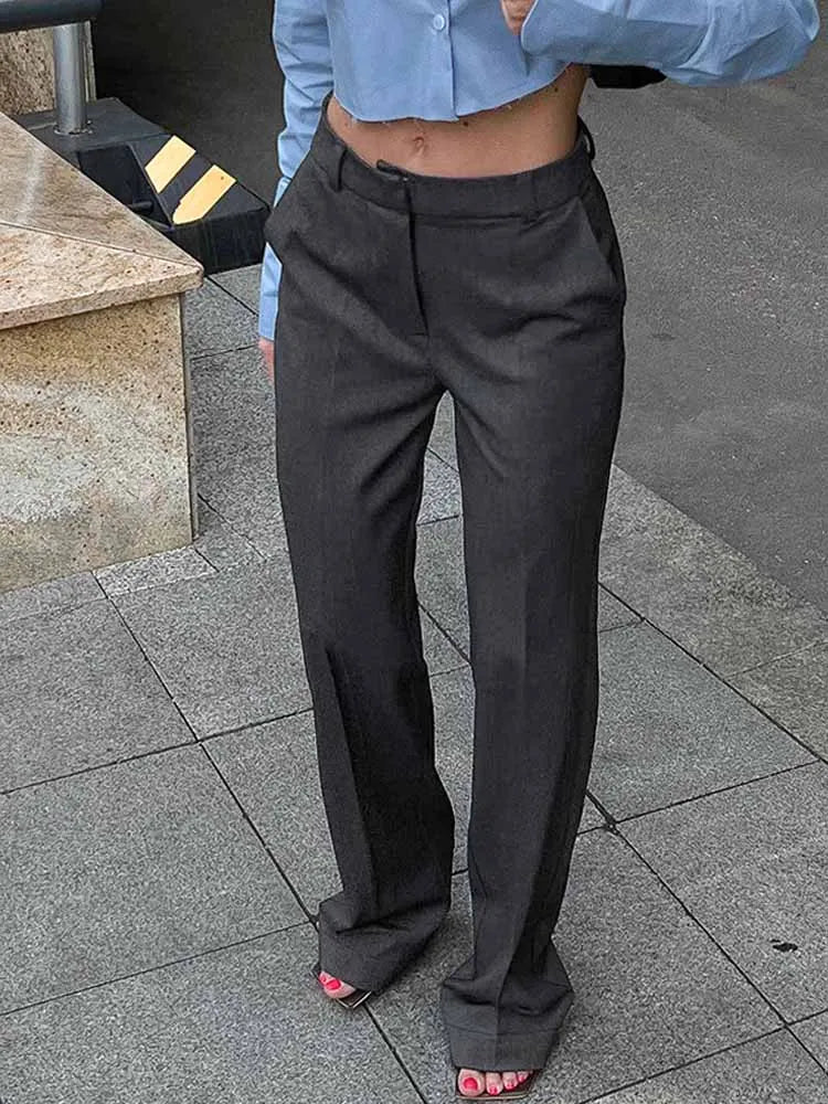 BKQU High Street Women Straight Suit Pants Elegant High Waist Gray Slim Ofiice Lady Casual Trouser Korean Fashion Pants 2025 New