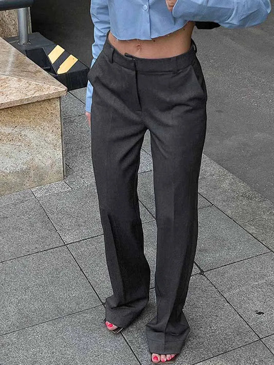 BKQU High Street Women Straight Suit Pants Elegant High Waist Gray Slim Ofiice Lady Casual Trouser Korean Fashion Pants 2025 New