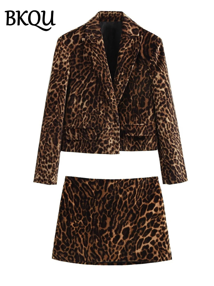 BKQU Leopard Print Blazer Skirt Suit Women Fashion Velvet Long Sleeve Crop Jacket Hip Package Mini Skirt Two Piece Lady Outfits