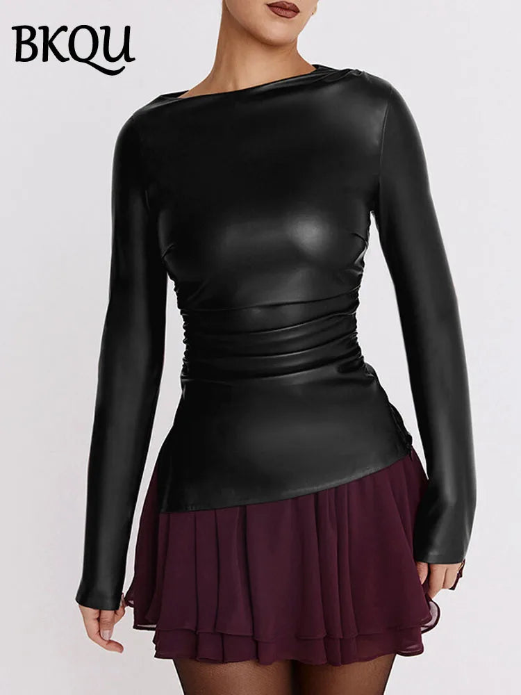 BKQU Ruched Skinny Leather T-shirt Women Fashion Wine Red O-neck Long Sleeve Tops Female Elegant y2k Tees Streetwear 2025 Spring