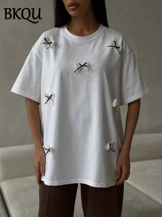 BKQU 2025 Summer Oversize T-shirt Women Bow Three-dimensional Decorative Loose Fashion O Neck Tees Casual Y2K Female Street Tops