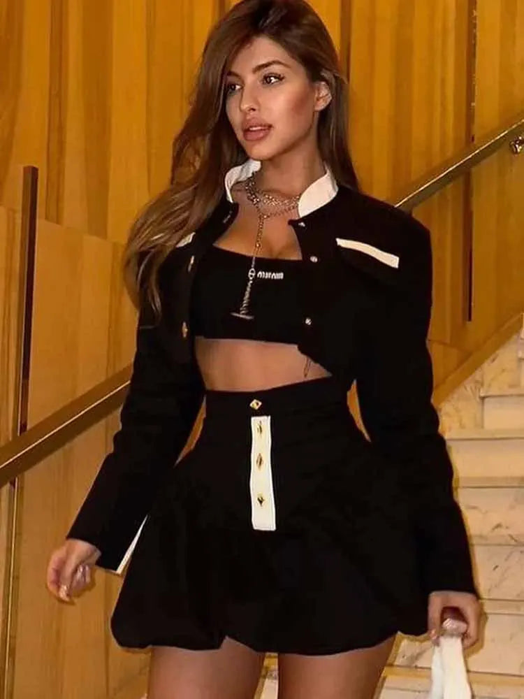 BKQU Elegant Women Sets Patchwork Long Sleeve Button Crop Jacket High Waist Pleated Mini Skirt Two Piece Sets 2025 Spring Outfit