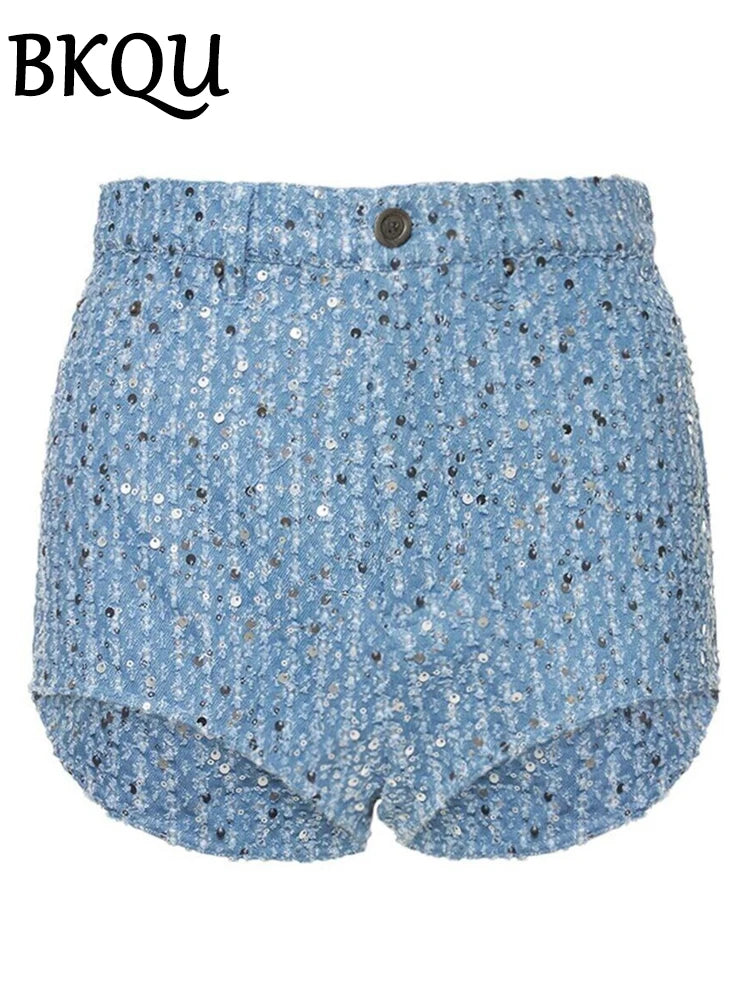 BKQU Sequins Denim Pants Women 2024 Fashion Outfits High Waist Shiny Wide Leg Jeans Spring Summer Luxury Night Club Trousers