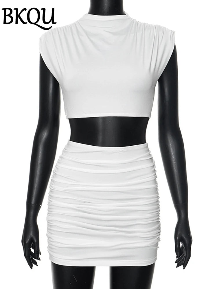 BKQU 2024 Summer Sleeveless Crop Tops and Mini Skirt Two Piece Sets Women's y2k Festival Party Outfits Casual Ruched Skirts Suit